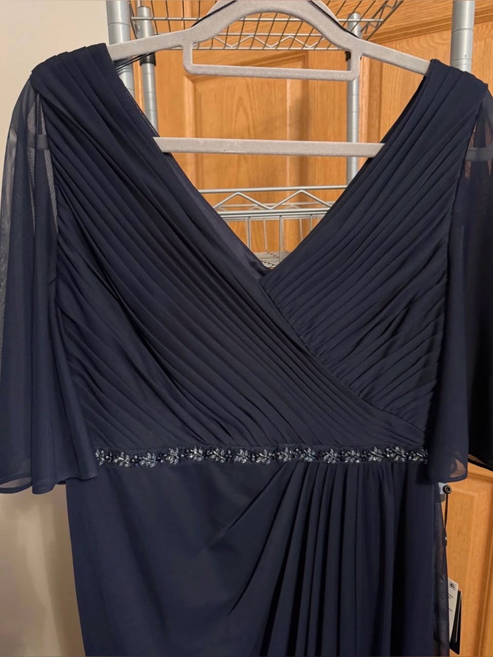 Adrianna Papell Navy Pleated V-Neck Maxi Dress with Beaded Waist